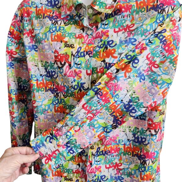 APNY Grafitti Love Print-Boyfriend Button Up Shirt-NWT-Cotton-Streetwear-XS - Picture 8 of 14
